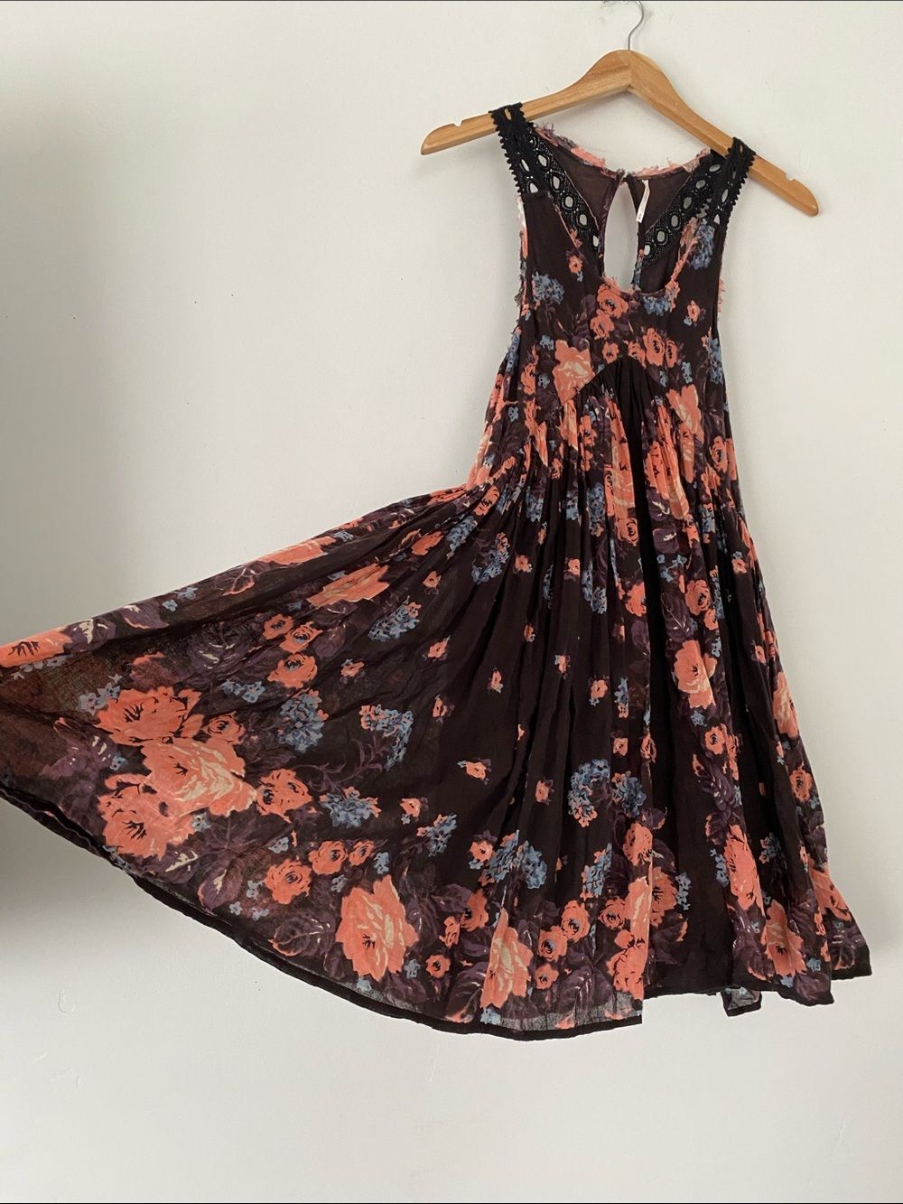 Free People Burgundy & Coral Floral Open Back Babydoll Dress Sz M Lace Boho Chic - Picture 7 of 14